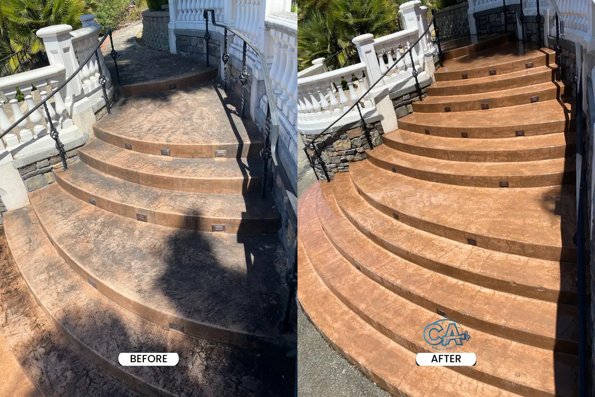 Pressure washing exterior stairs to remove dirt and mildew buildup.