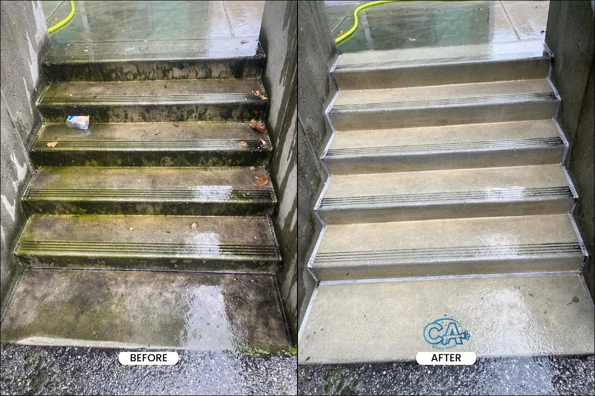 Pressure washing outdoor stairs to remove moss and algae buildup.