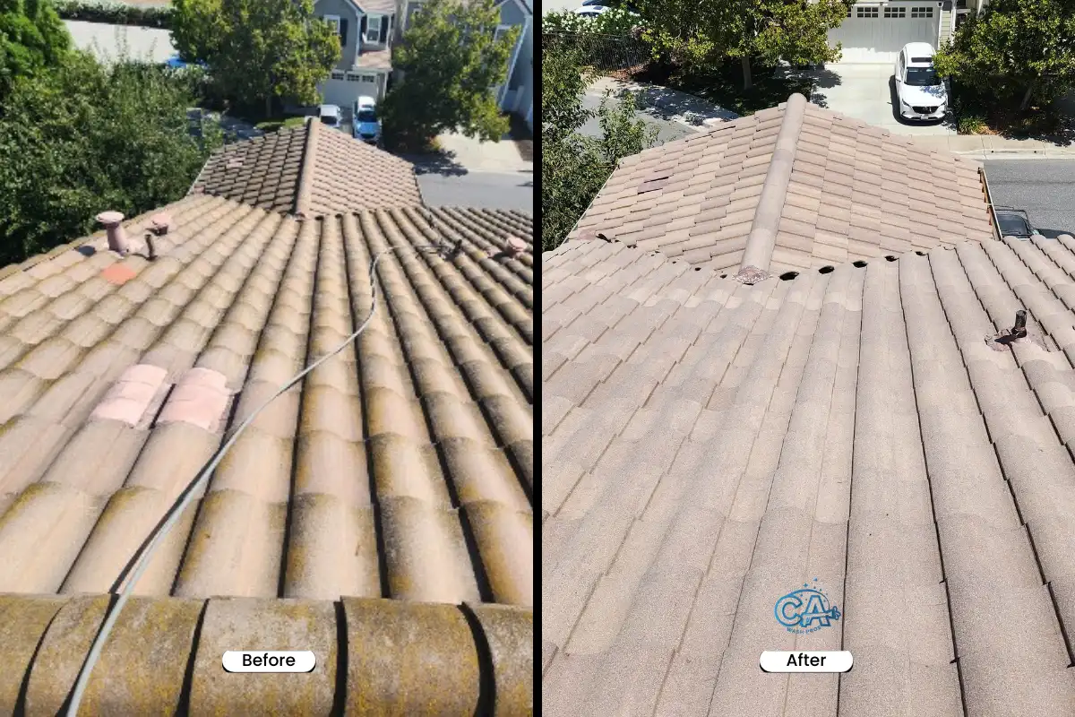 Roof cleaning service in Gilroy, CA - before and after.