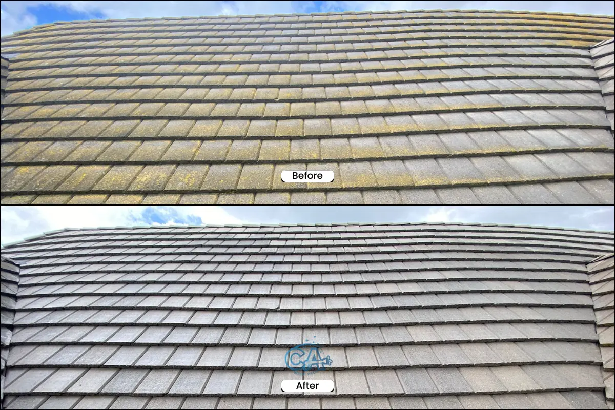 Roof cleaning service in Gilroy, CA - before and after.