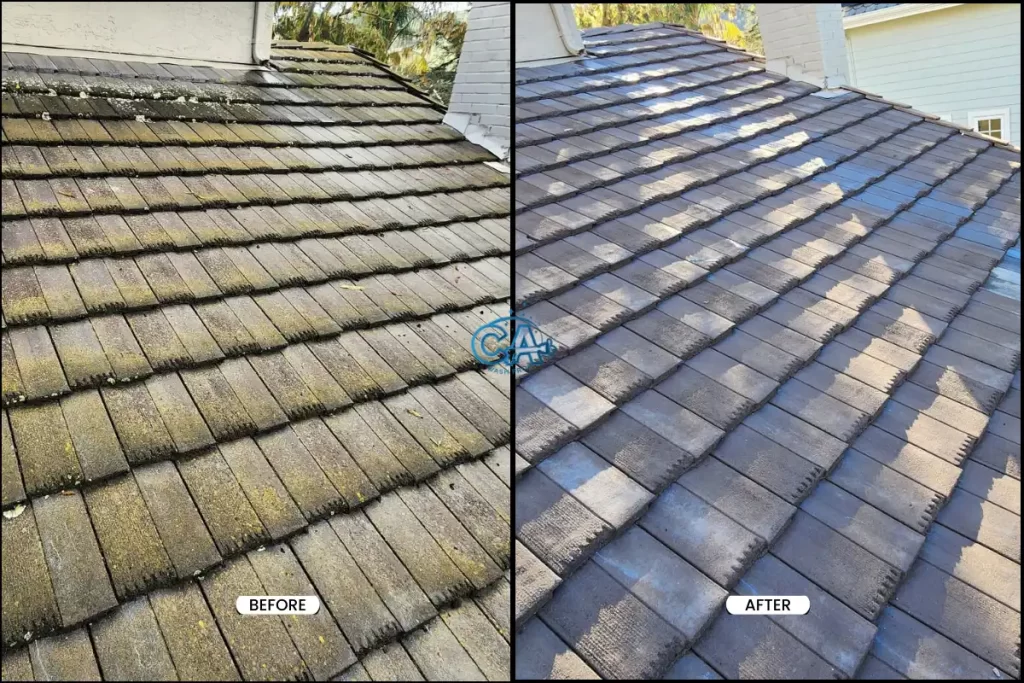Before and after of a roof wash service.