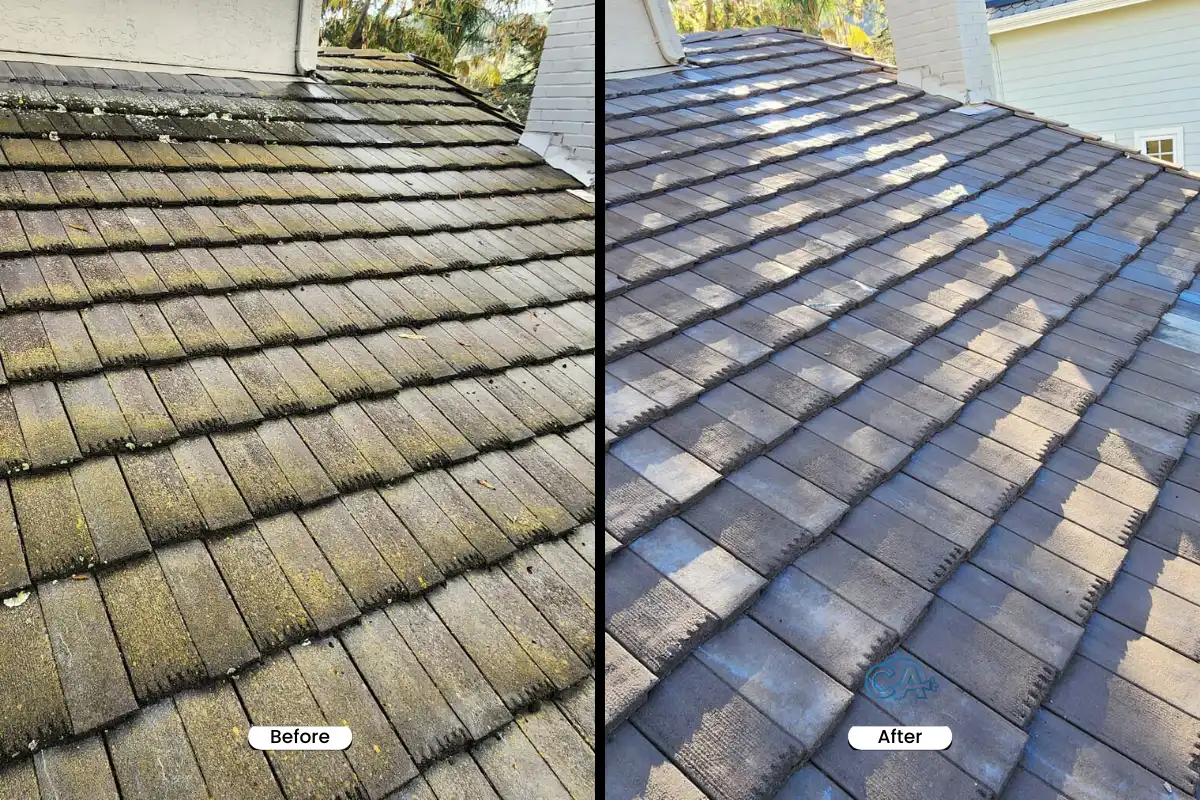 Roof cleaning service in Gilroy, CA - before and after.