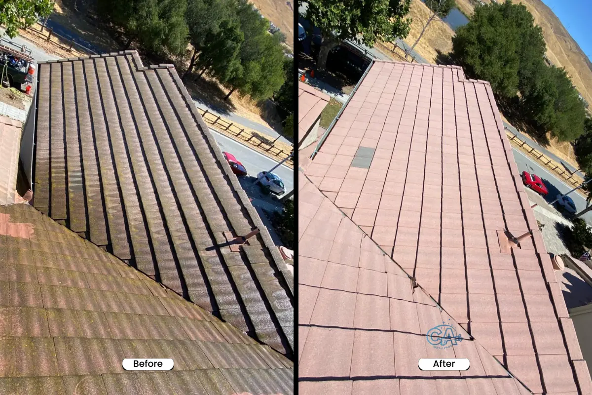 Roof cleaning service in Gilroy, CA - before and after.