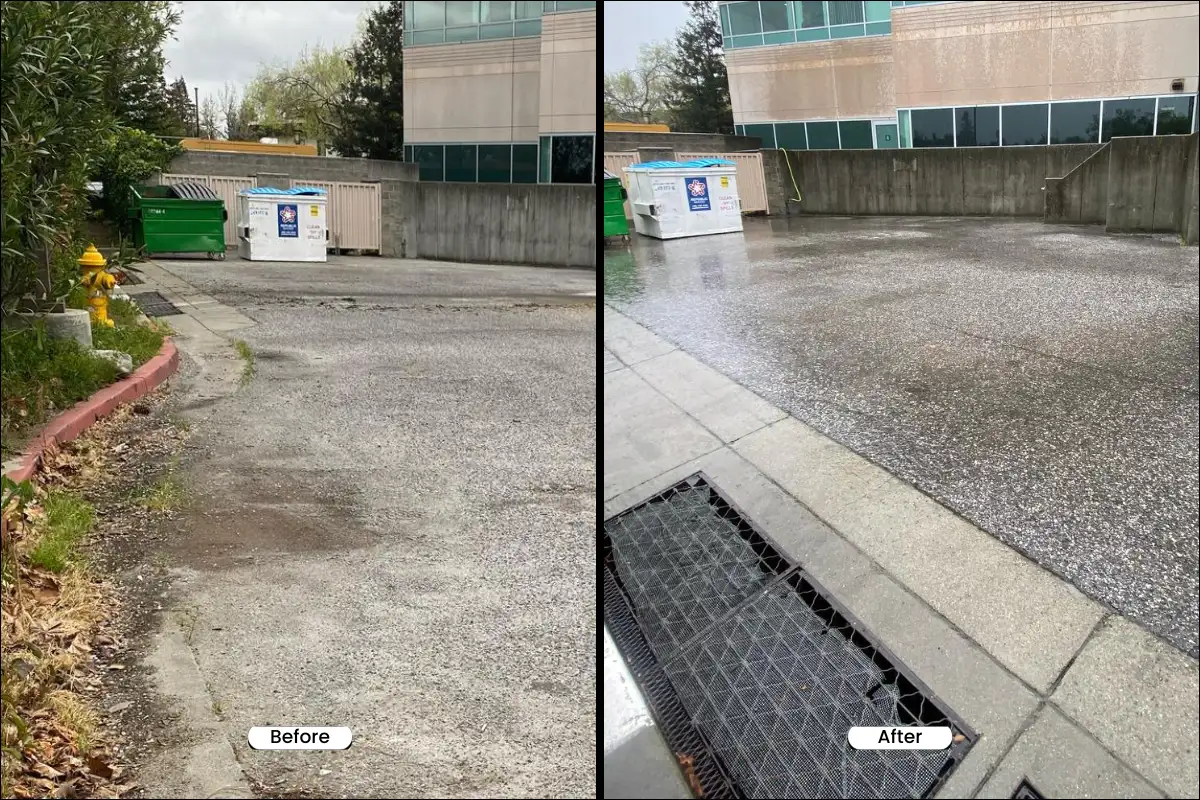 Before and after of a driveway pressure washing service.