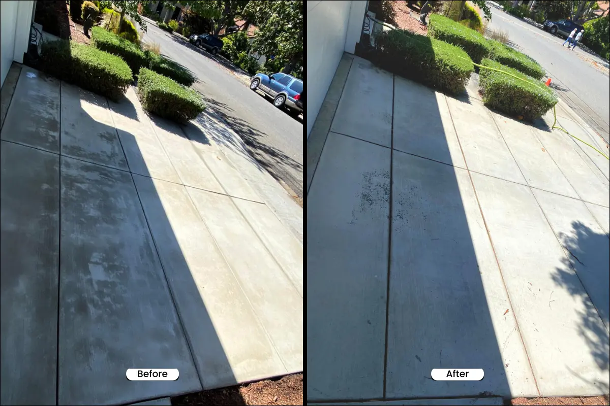 Before and after of a driveway pressure washing service.