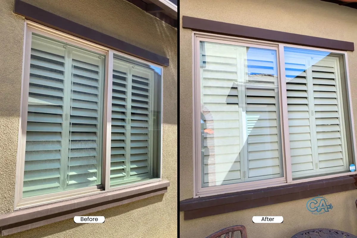 Before and after of a window cleaning service by CA Wash Pros.