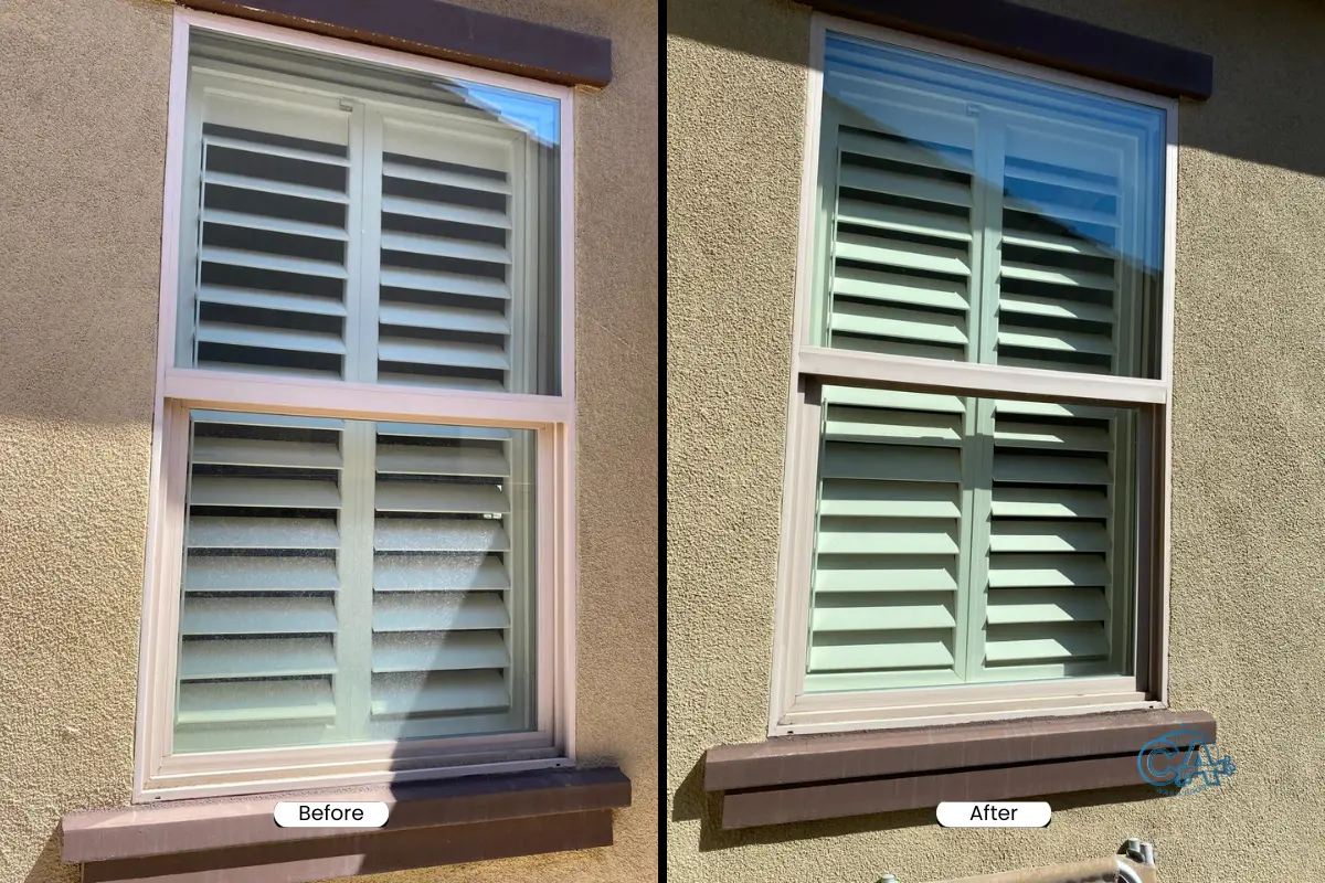 Before and after of a window cleaning service by CA Wash Pros.