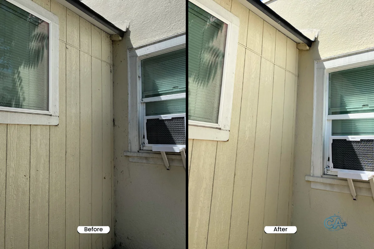 Before and after of a house washing service.