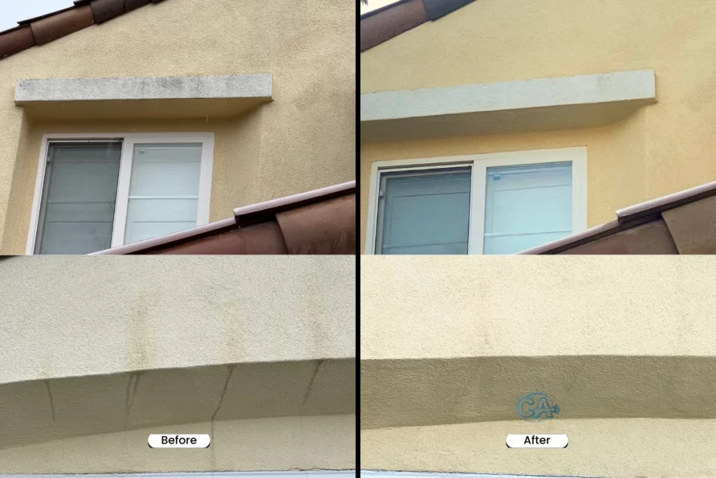 Before and after of a house washing service.