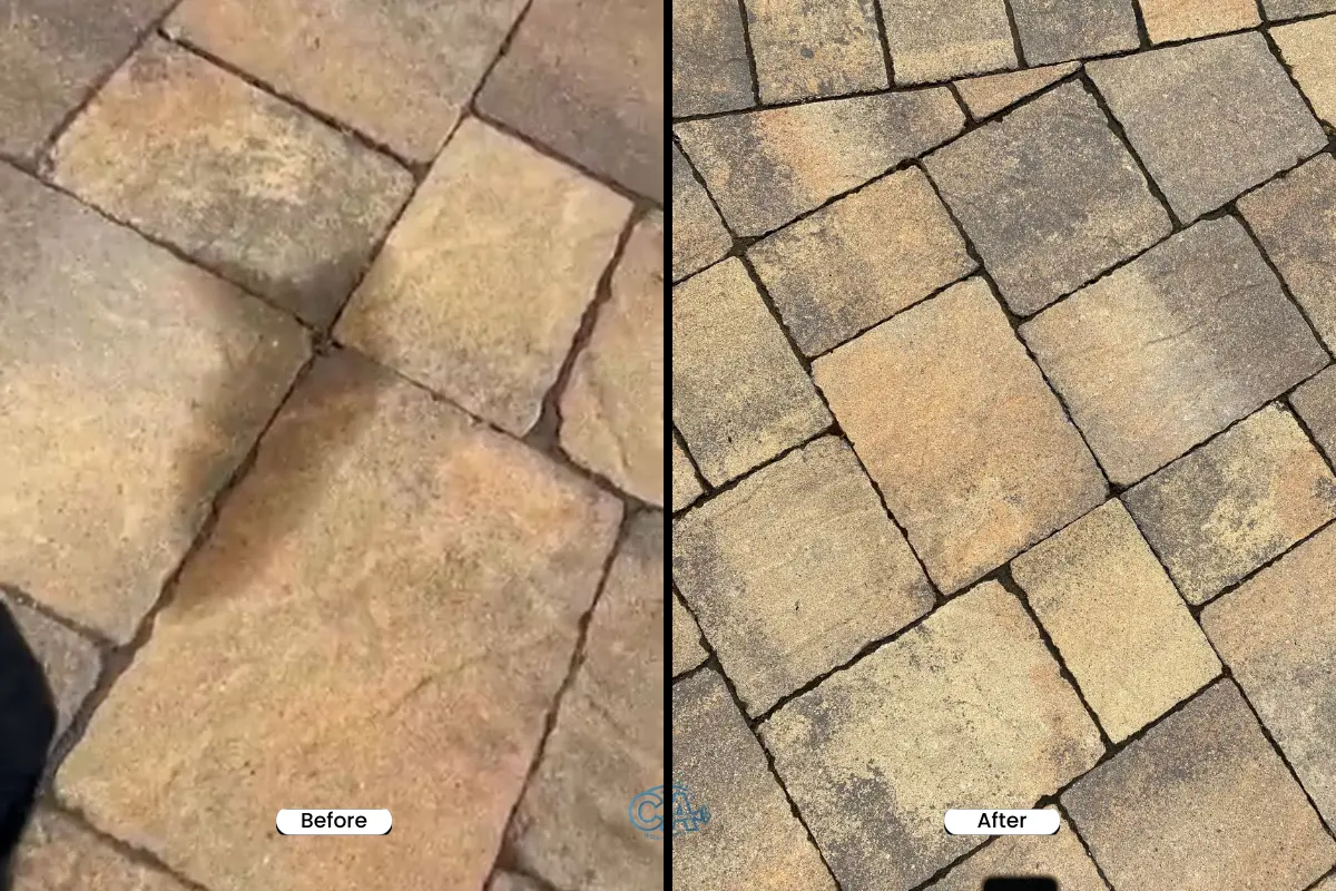 Oil spill treatment on pavers before and after.