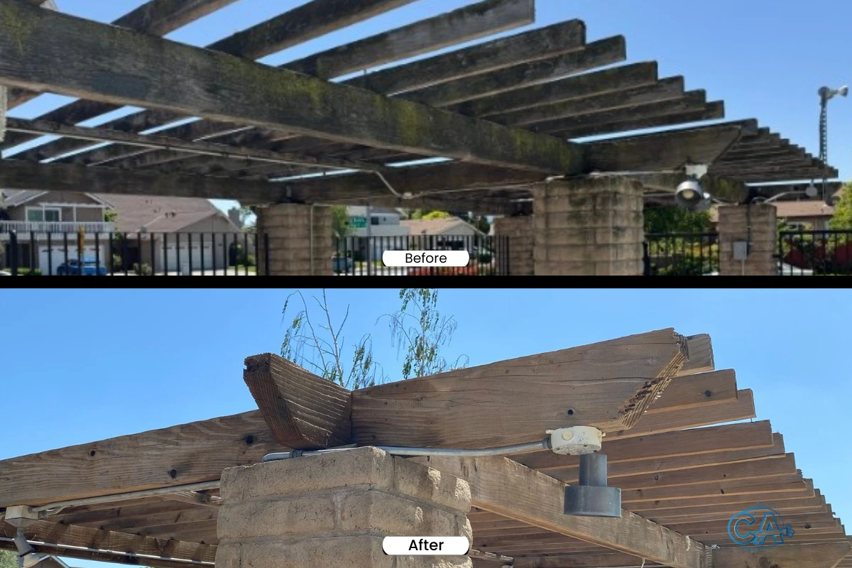 Pergola pressure washing before and after.