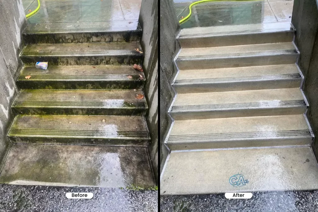 Before and after result of pressure washing exterior stairs.