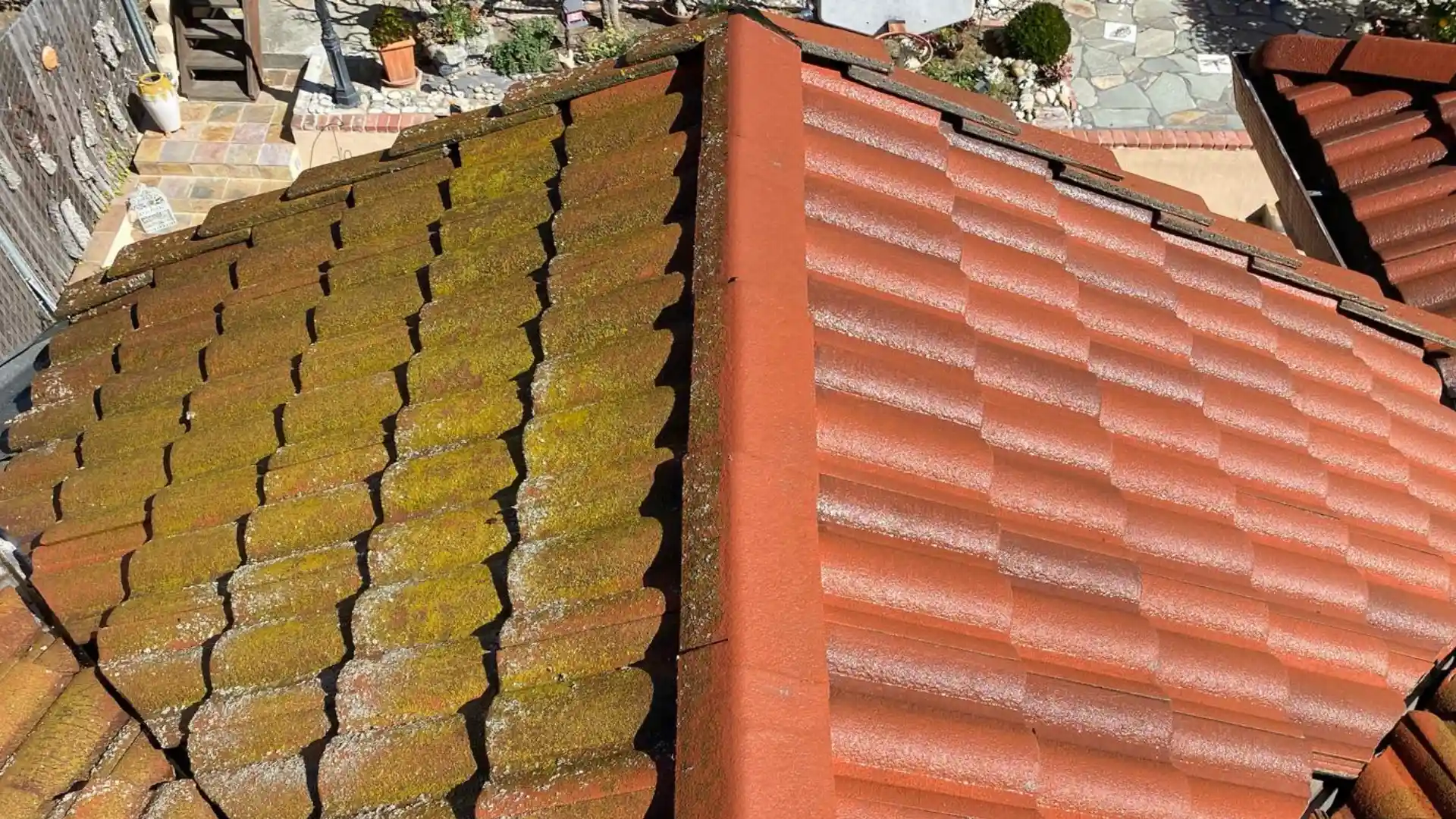 Roof cleaning service before versus after showing moss and algae removal