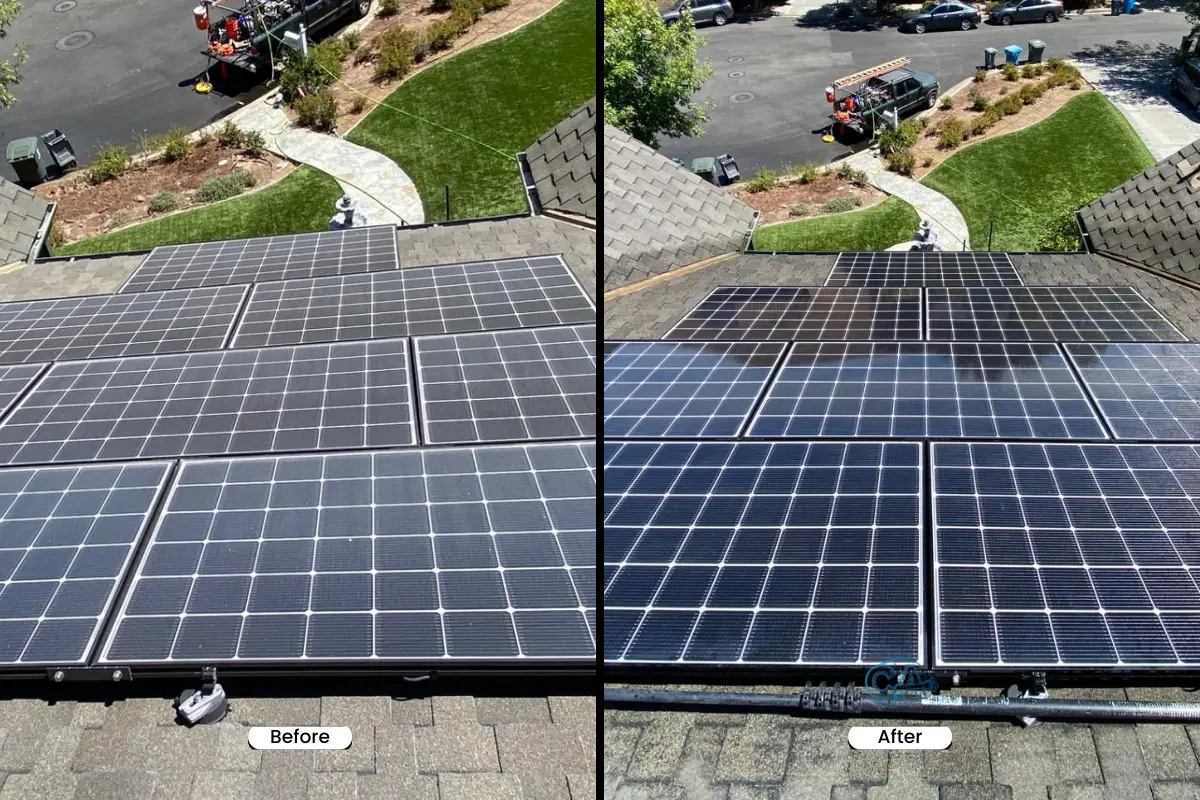 Before and after result of a professional solar panel cleaning service by CA Wash Pros.