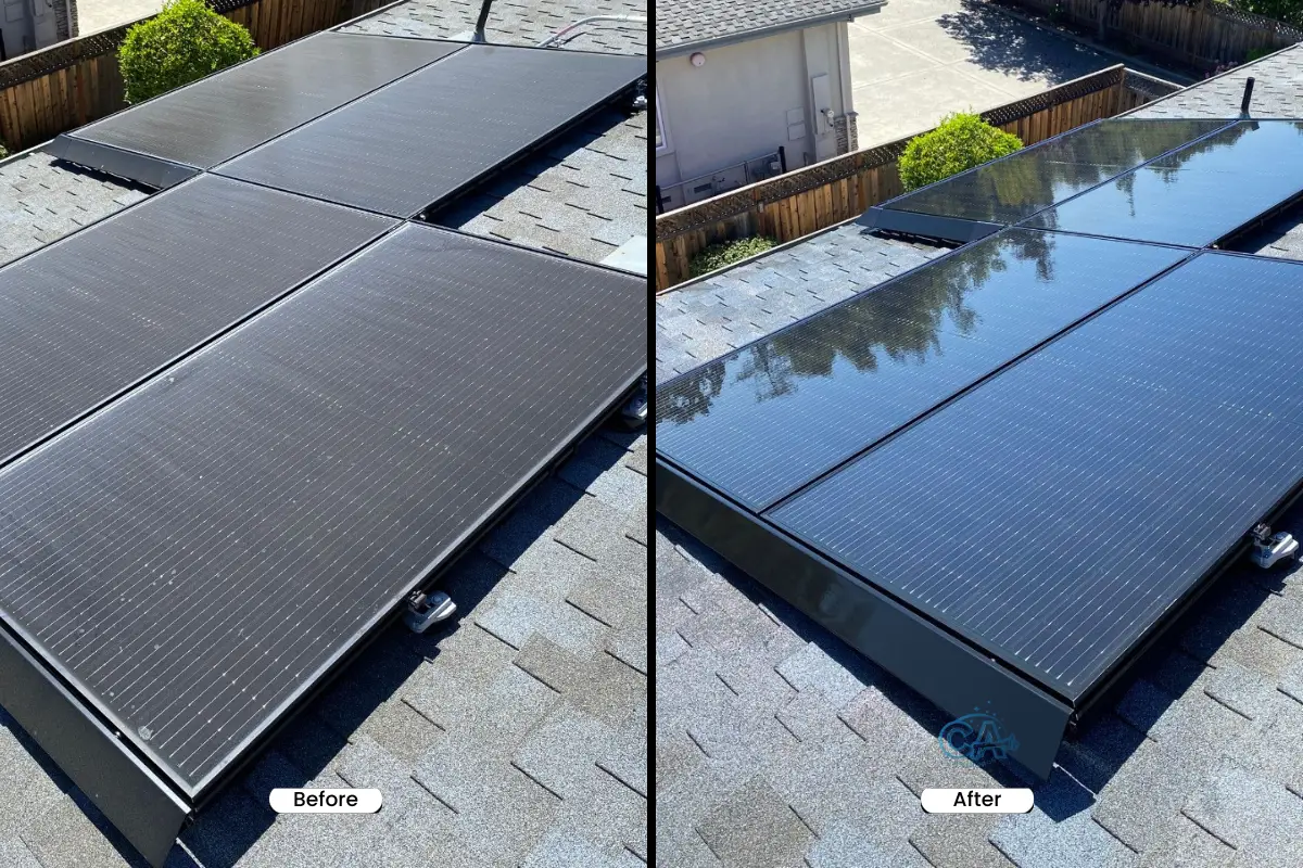 Before and after result of a professional solar panel cleaning service by CA Wash Pros.