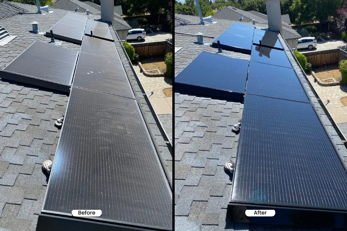 Before and after result of a professional solar panel cleaning service by CA Wash Pros.