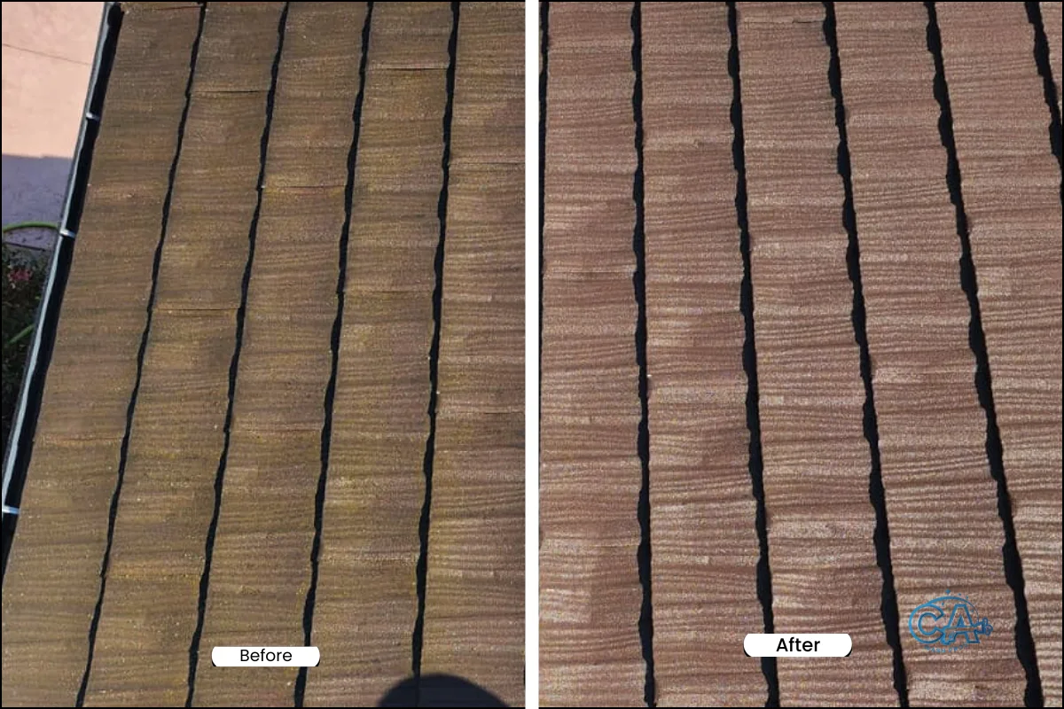 Stone-coated metal roof cleaning before and after.