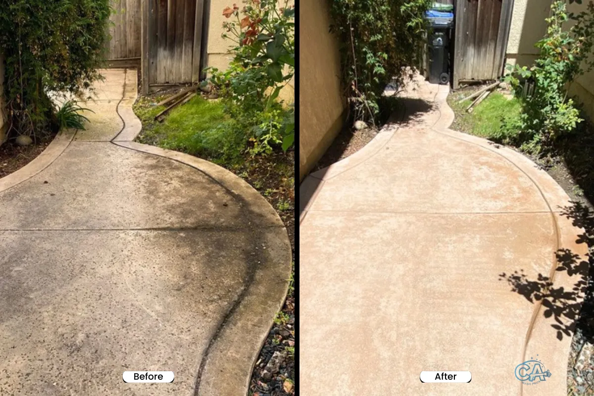 Before and after result of pressure washing a walkway.