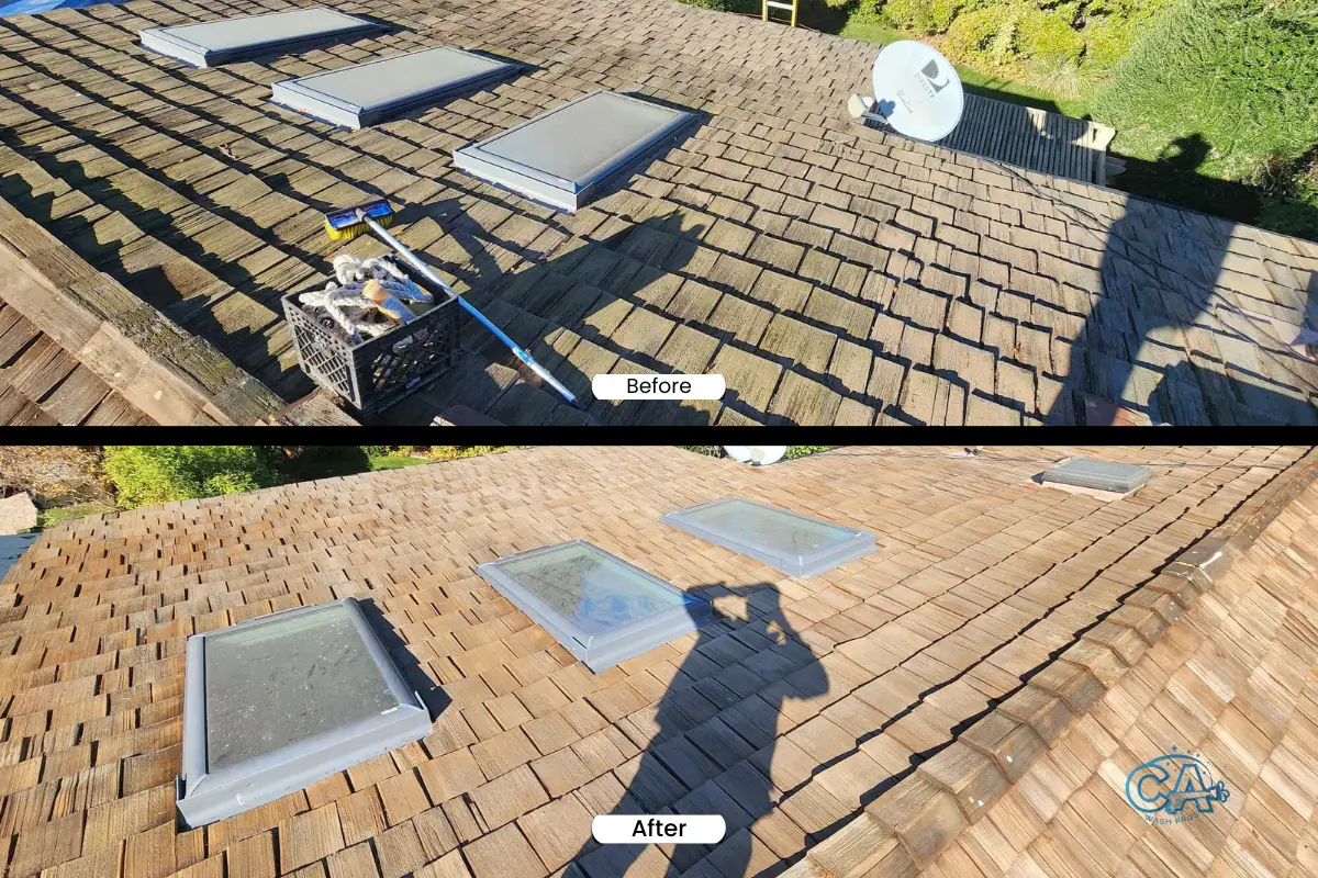 Wood shake roof cleaning service -before and after.